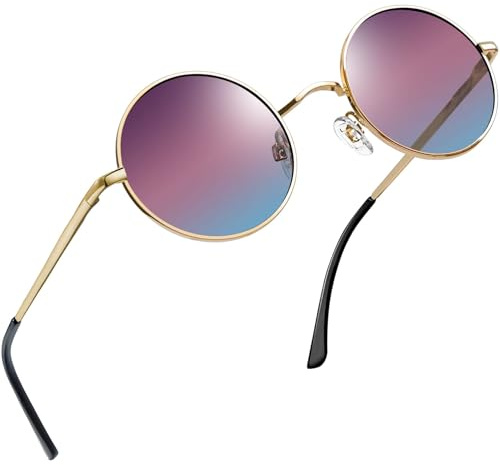 Joopin Lunettes de Soleil Teintées pour Homme et Femme Lunette Solaire Ronde Steampunk Hippie Vintage Mode Or Marron Bleu