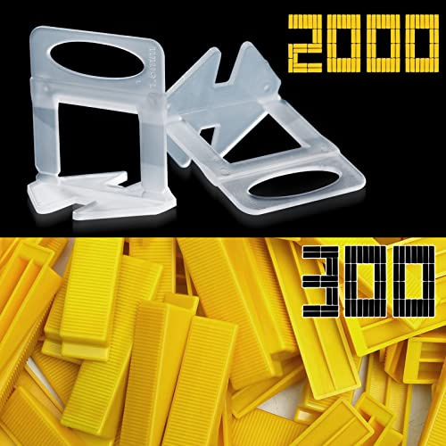 Tile Leveling System Clips 1/16 2000 Piece Tile Spacers Clips and 300-Piece Reusable Yellow Wedges for Tiles. Tile Tools Set for Professional Ceramic and Stone Installation