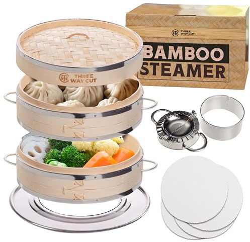 Bamboo Steamer 10 Inch - Dumpling Steamer Basket 2 Tier, Bamboo Steamers For Cooking Dumplings, Bao Bun, Dim Sum, Rice Potsticker & Veggie Food Steaming Basket with Steel Rims, Handles & Accessories