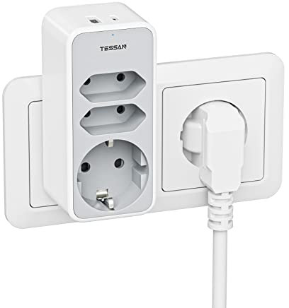 TESSAN Doppelstecker für Steckdose, 3 Fach Steckdosenadapter mit USB C 3600W, Mehrfachstecker für Steckdose, Doppelsteckdose mit 2 USB, Stecker Kompatibel mit Phone und Haushaltsgeräte, Grau