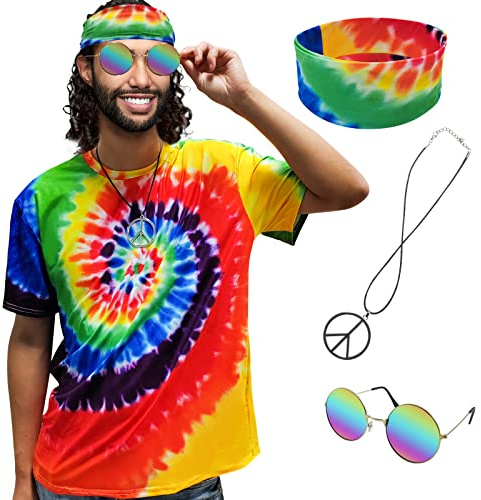 XonyiCos Hippie Costume for Men Women 60s and 70s colorful T-shirt sunglasses headband Peace necklace 4-piece theme party (T-shirt 4 piece set, Medium)