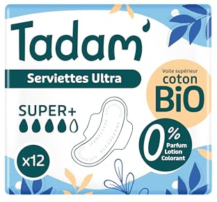 TADAM’ - Serviettes Hygiéniques Dermo-Sensitives - Protections Hygiéniques Femme Ultra Fines avec Ailettes - Flux Super - Extra Absorbantes - A base de Coton Bio - Confort Jour et Nuit