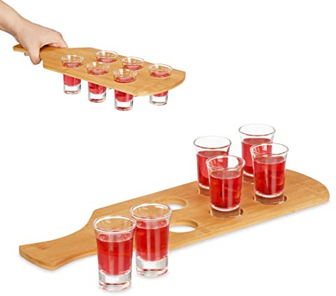 Relaxdays Schnapsbrett, mit 6 Gläsern, 4 cl, Schnapstablett mit Griff, Geschenkidee, Schnapsglashalter, Bambus, Natur