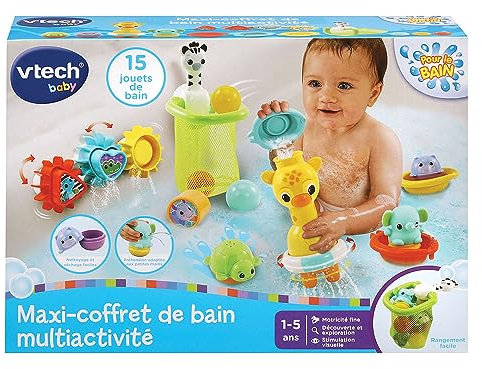 VTech - Maxi-Coffret de Bain Multi Activité, 15 Jouets de Bain Bébé, Animaux, Bateaux, 3 Formes, 3 Balles, Filet de Rangement, Cadeau Enfant Garçon et Fille Dès 1 an - Contenu en Français