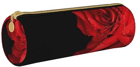 Red Rose Round Leather Pencil Case for Girls Boys, Pen Pouch & Makeup Bag for Student School Office College