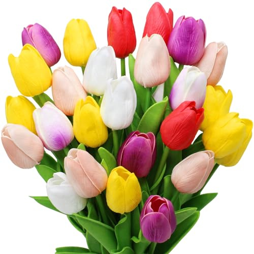 Pseutio 28pcs Multicolor Flowers Artificial Tulip Stems Real Feel PU Tulips for Easter Spring Wreath Wedding Bouquet Centerpiece Floral Arrangement Cemetery Table Décor 13 Tall