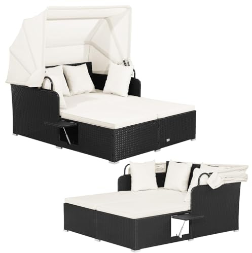 Multigot 2 Seater Rattan Daybed, Patio Double Wicker Recliner Sunbed with Retractable Canopy, 2 Folding Tables and Cushion, Outdoor Chaise Lounger Garden Furniture for Balcony Backyard (Off White)