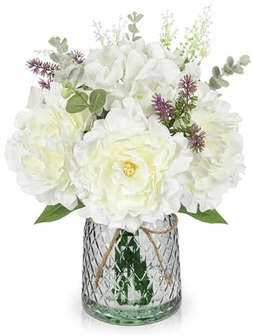 Oaise Artificial Flowers with Vase Artificial Peony Hydrangea Flowers White Silk Flowers Realistic Floral Arrangement for Home Kitchen Living Room Table Centerpieces Office Wedding Party Decorations