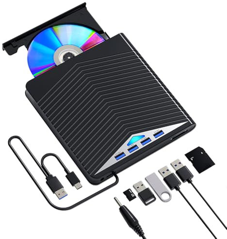 XEERUN External CD DVD Drive,USB 3.0 & Type-C CD/DVD RW ROM Burner Rewriter Writer Reader with 4 USB Ports and 2 TF/SD Card Slots, for Laptop Macbook Desktop PC Windows 11/10/8/7/XP Linux Mac OS