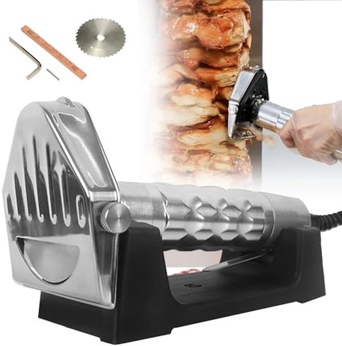 Coltello Elettrico per Giroscopio Affettatrice Elettrica per Kebab, Coltello Shawarma Commerciale da 80 W con Due Lame e Pietra per Affilare, Taglierina Giroscopica a Spessore Regolabile da 0-8 Mm