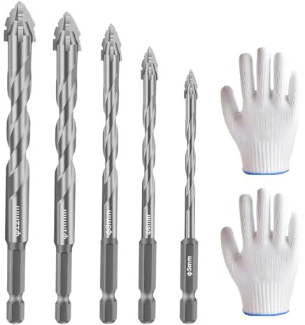 5 Pieces of Eccentric Drill Bit Set,High-Strength Eccentric Twist Drill Bit,Four Edged Serrated Eccentric Drill,(Size 5/6/8/10/12) Suitable for Metal,Wood,Etc,with a Pair of Gloves