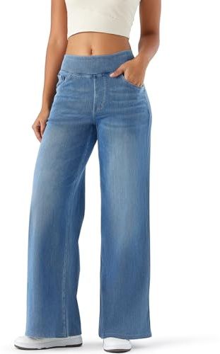 LighterGlide Women's High Rise Wide Leg Jeggings - Stretch Pull On Jeans-Style Pants, Soft Denim with Pockets(Light Blue Large)