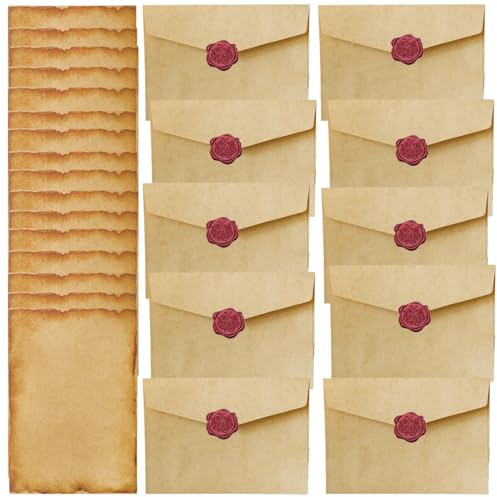 Set di carta di cancelleria vintage, set di carta buste vintage, inclusi 16 cancelleria vintage carta e 10 adesivi timbri di cera, 10 carta antica buste, per inviti, matrimoni, biglietti