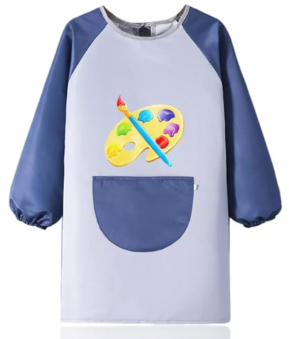 Bata Pintura Niños, Delantales de Pintura para Niños de 5 a 11 Años, Babi Escolar Infantil Babis Escolares Impermeable con Mangas y Bolsillo Grande Pintura Blusa para Pintura Cocina Escuela, M-17