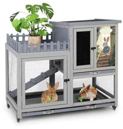 LeFluffy Double Layers Durable 97.15CM Rabbit Hutch Indoor on Wheels, Small Animal Houses Habitat, Rolling Large Bunny Cage Outdoor with Removable Tray, Ramp, Two Story Bunny Cage（Grey）