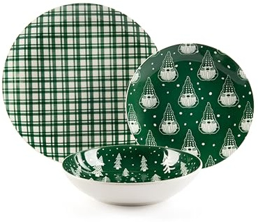 Excelsa Green Winter Servizio Piatti in Porcellana, 18 Pezzi, Verde con Motivi Natalizi, Piatti Piani 27 cm, Fondi 20,5 cm, Frutta 20,5 cm