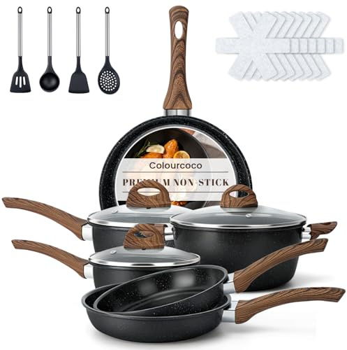Colourcoco Pots and Pans Sets - 20 Pieces Non Stick Saucepan Set Includes Frying Pans, Saucepans, Stockpot, Pads & Utensils, Induction Hob Pan Set with Lids & Handles, Oven Safe, PFOS & PFOA Free