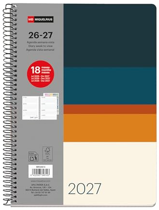 Miquelrius Agenda scolaire 18 mois par semaine, de juillet 2026 à décembre 2027, format A5+ (15,5 x 21,3 cm), deux pages autocollantes, spirale métallique, couverture rigide en carton, espagnol EN-PT