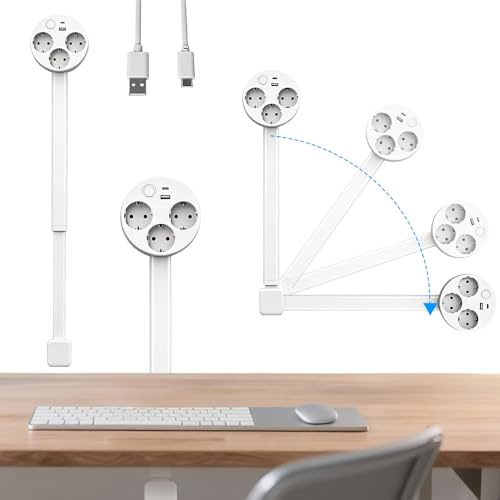 Extensor de Enchufes, Regleta Expandible, Toma de Corriente Múltiple Montable en Pared con USB, Función de Carga Tipo C y 3 Tomas de CA, Giratorio 360°