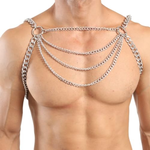RAFGALDEX Body Chest Chain Body Chain Harness, Multilayered Adjustable Chest Men Club Wear Costumes Chains for Women Necklace Silver Mens Harness Mens Black Leather