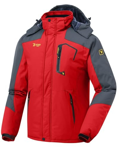 donhobo Herren Winter wasserdichte Winddichte Winterjacke Warme Fleece-Futter Ski Jacken Regenmantel mit Kapuze Rot 2XL