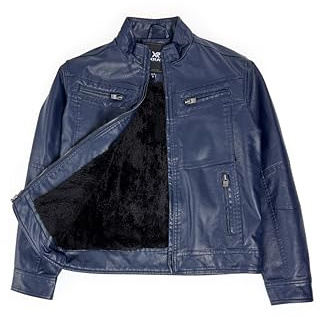 X RAY Teen Faux Leather Jacket for Fall & Winter, Kids Outerwear Coat, Motorcycle PU Leather Jacket for Boys, Navy, Small
