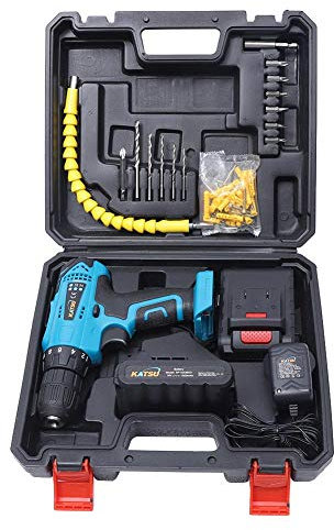 KATSU Taladro inalámbrico 18 V con kit de accesorios + eje flexible + broca de doble extremo + 5 brocas + 6 puntas de destornillador con 1 extensión + 2 baterías 1,5 Ah + cargador