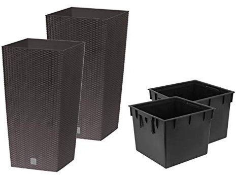 Stolmet Tall Square Planter Set of 2 Rattan Indoor/Outdoor Flower Pot + Insert in Set (11.5L, Dark Brown)
