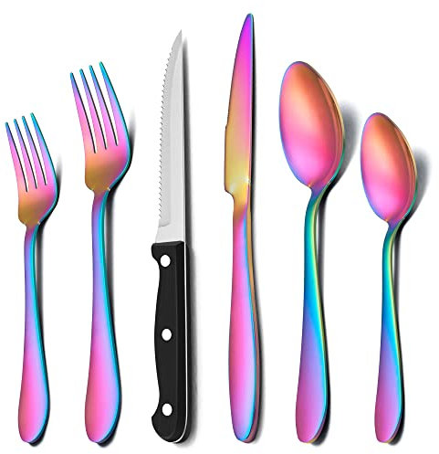 Herogo 36-teiliges Besteck Set mit Steakmessern, Edelstahl Besteck Set für 6 Personen, Essbesteck mit Gabel Messer Löffel, Elegantes Tafelbesteck für Home/Restaurant (Regenbogen)