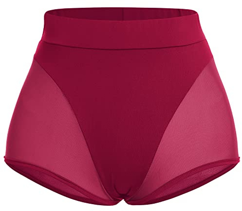 Women High Waist Mesh Tulle Spliced Activewear Yoga Shorts Dance Bottoms Rave Booty Shorts Mini Hot Pants, Wine Red, S