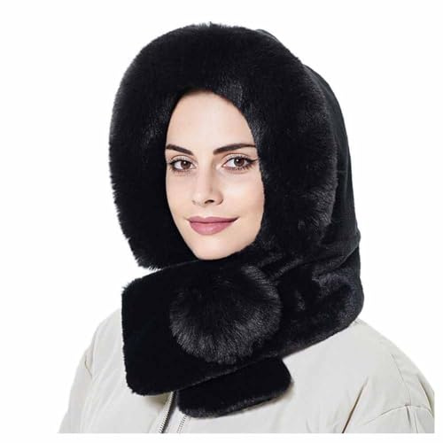 SHTGOI Ensemble de bonnet à capuche en fausse fourrure 2 en 1 pour l'hiver, bonnet d'hiver et écharpe avec boules de fourrure, résistant au vent, cache-oreilles avec cache-oreilles thermique pour