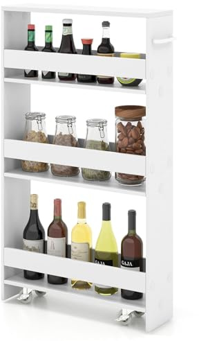 TANGZON 4-Tier Storage Trolley, Slide Out Slim Rolling Kitchen Cart with Wheels & Handle, Space-Saving Utility Shelving Unit for Living Room Laundry Narrow Place (47x13x80cm, White)