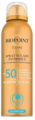Biopoint Solaire Spray Solare Invisibile, Alta Protezione, 150 ml, con Acceleratore di Abbronzatura, senza oli minerali, coloranti, senza nickel e resistente all’acqua