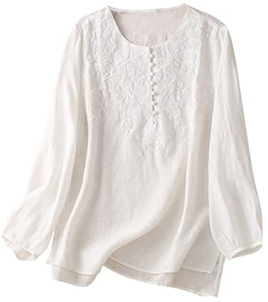 HAOLEI Camicetta in Lino per Donna a Maniche Lunghe Elegante Curvy Camicetta Blusa con Scollo a V Camicetta Tinta Unita Camicie per la Primavera e L'Estate Leggera Confortevole e Traspirante