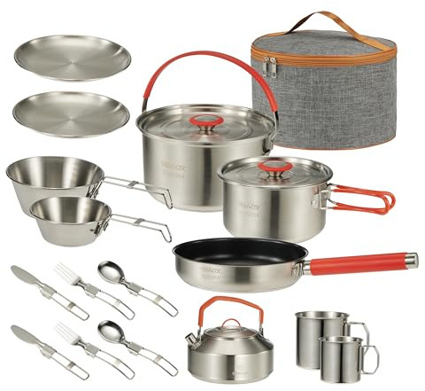 Camping Kochgeschirr Set 304 Edelstahl 16-teilige Töpfe Pfannen, Wasserkocher, Aufbewahrungstasche, Teller, Schüsseln, Messer, Gabeln, Löffel, Kompakt für draußen, drinnen Küche Lagerfeuer Wandern