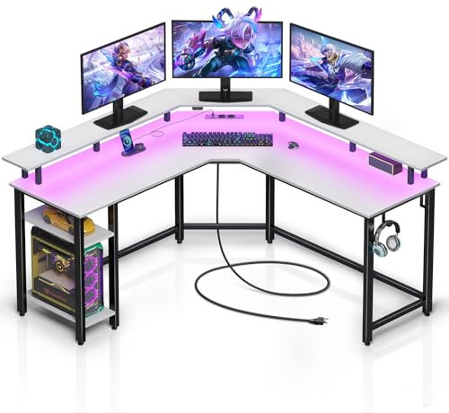 Rolanstar Schreibtisch L Form mit RGB-LED & Steckdosen, 135 cm Computertisch mit Monitorständer & Ablagefläche, Reversibler Eckschreibtisch mit 2 Haken, perfekt für Arbeitszimmer Schlafzimmer Büro