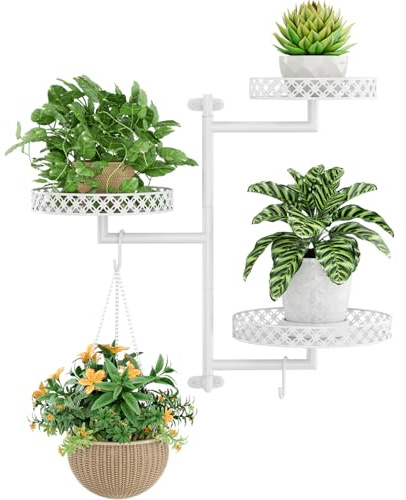 OVICAR Rotating Window Plant Shelves - Indoor Wall Plant Stand 3-Tier Floral Metal Window Shelf Holder for Multiple Plants with Hanging Hooks Home Decor White