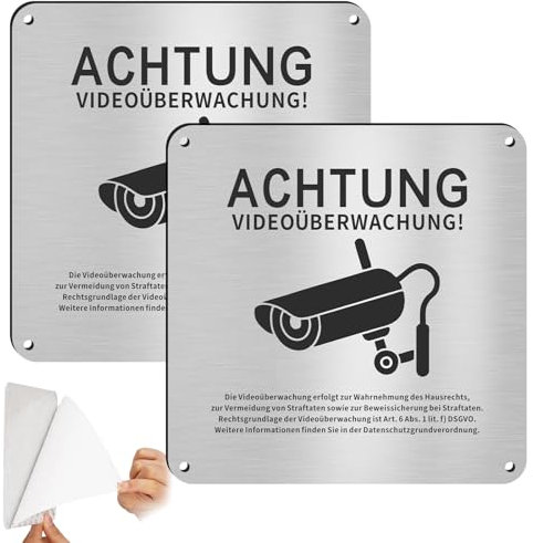 2 Stück Schild Videoüberwachung Privatgrundstück,15x15cm Achtung Videoüberwachung Schild mit DSGVO Hinweis,Aluminium Hinweisschild Videoüberwachung mit Selbstklebend und 4 Bohrlöcher