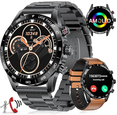 LIGE 1.43'' AMOLED-Display Smartwatch Herren, Smartwatch mit Telefonfunktion und Sprachassistenz Herzfrequenz SpO2 124 Sportmodi Fitnessuhr Smart Watch für iOS Android