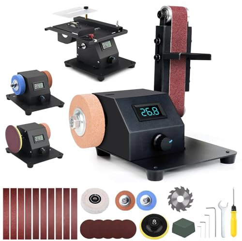 Macchina per Lucidatura Rettifica e Taglio Multifunzionale 4 in 1, Mini Sega da Tavolo | Mini Levigatrice a Nastro | Levigatrice a Disco | Smerigliatrice da Banco Doppia Mola, 7 Velocità Regolabili