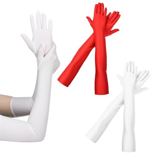 NOPKESV 2 Paar Handschuhe Lang Elegant Damen Satin Classic Abendhandschuhe für Classic Opera Party Karneval Kostüm Karneval Valentinstag（Rot/Weiß）
