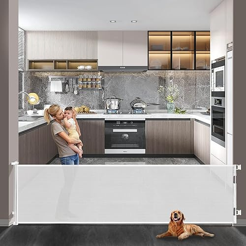Retractable Mesh Safety Baby or Dog Gate - 86cm Tall, Expands to 300cm Wide, Child & Pet - Fits Doorways, Stairs, Hallways - Indoor/Outdoor,White