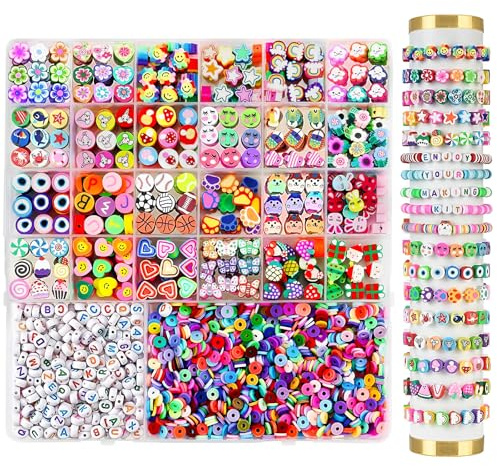 EOPUOZS 2300pcs Perles pour Bracelet, Kit Bracelet Perle, Perles Enfant pour Bijoux, Fruits, Fleurs, Smiley, DIY Artisanat d'art, Cadeaux d'anniversaire pour Enfants 6-12 Ans