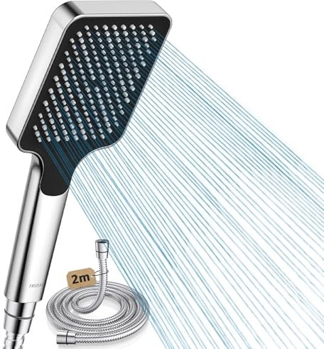 FASDUNT Pommeau de douche avec tuyau de 2 m, pommeau de douche haute pression avec limiteur de débit 9,5 l/min, économie d'eau, réduction de 40 % des coûts d'eau