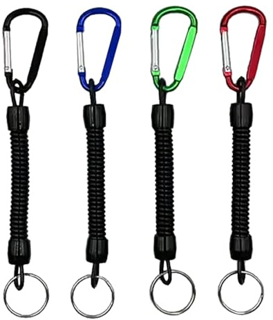 YFTRFR 4 Pièces Cordon Rétractable Spirale, Lanière de Pêche Anti-Perte Tether Sécurité Extensible Cordes de Pêche pour Bateau Porte-Clés Élastique avec Mousqueton pour Pêche, Kayak et Randonnée