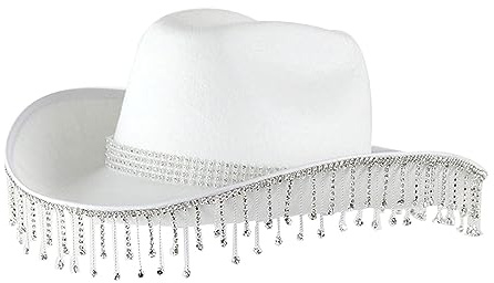 Generisch Chapeau de cowboy occidental pour femme - Couleur unie - Avec franges et strass