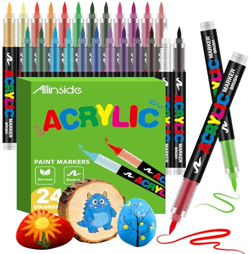 Allinside Rotuladores Acrilicos, 24 Colores Marcadores Acrílicos Punta de Pincel Suave, para Pintar sobre Piedra, Madera, Vidrio, Tela y Manualidades DIY