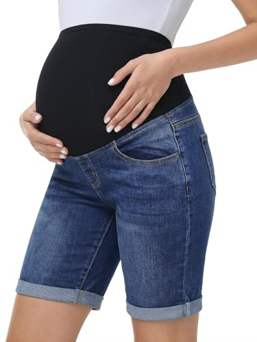 Gowjog Pantaloncini premaman jeans sopra la pancia, Blu scuro, L