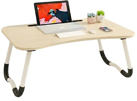 Tavolino da Colazione a Letto Pieghevole per PC Portatile, Vassoio da Divano in Legno con Supporto per Tablet e Smartphone, Scrivania Ergonomica Salvaspazio Lavoro Tavolo (-BETULLA)