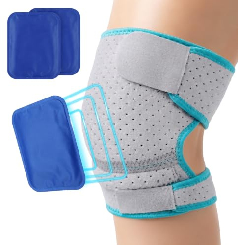 AOOTE Reusable Hot Cold Ice Gel Pack, Knee Ice Pack Wrap with 2PCS ICES Packs, Adjustable Anti-Slip, Hot Cold Compress Therapy Knee, Breathable mesh Fabric EVA for Daily & Sports